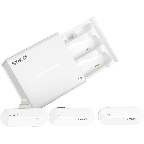 Synco P2L Miniature 2-Person Digital Wireless Microphone System with Lightning Connector for iPhones White, 2.4 GHz