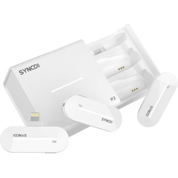 Synco P2L Miniature 2-Person Digital Wireless Microphone System with Lightning Connector for iPhones White, 2.4 GHz