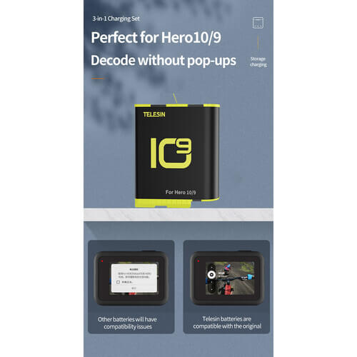 TELESIN 3 Slots Battery Charger Storage Box With 3 Pcs Full Decoded Batteries Set For Gopro Hero 9/10