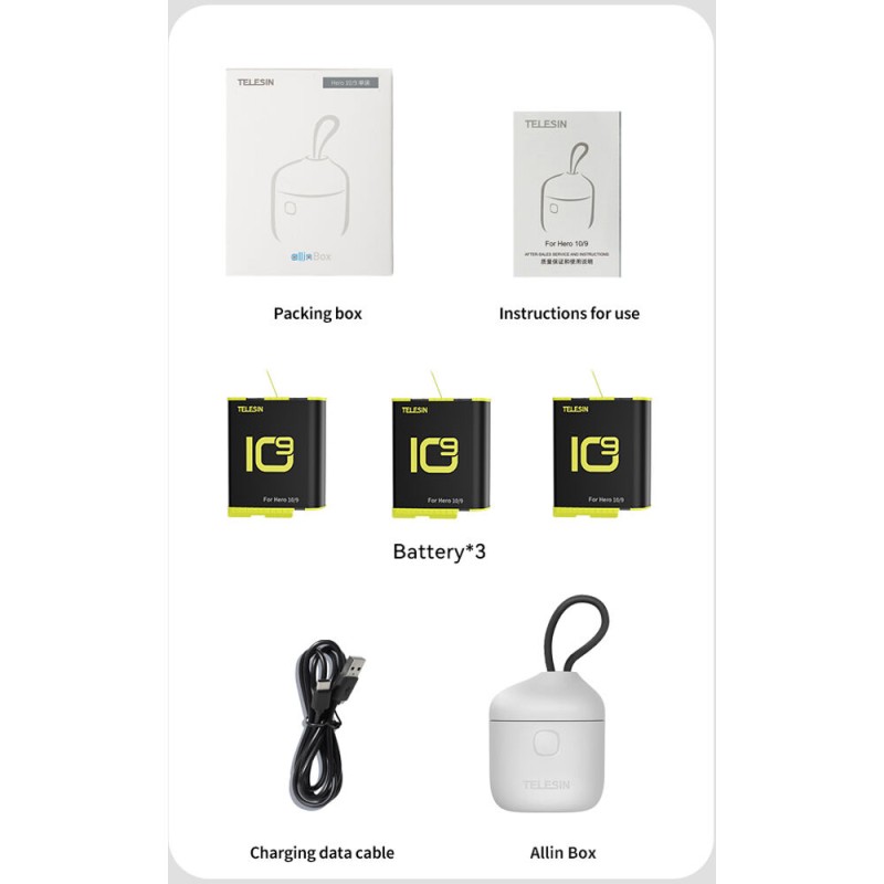 TELESIN 3 Slots Battery Charger Storage Box Tf Card Reader Case With 3 Pcs Full Decoded Batteries For Gopro Hero9/10