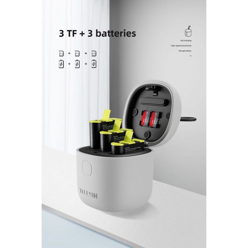 TELESIN 3 Slots Battery Charger Storage Box Tf Card Reader Case With 3 Pcs Full Decoded Batteries For Gopro Hero9/10