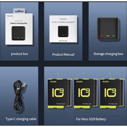 TELESIN 3 Slots Battery Charger Storage Box With 3 Pcs Full Decoded Batteries Set For Gopro Hero 9/10