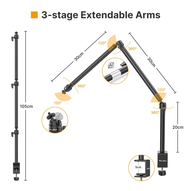 VIJIM LS08 Flexible Overhead Camera Mount Desk Stand