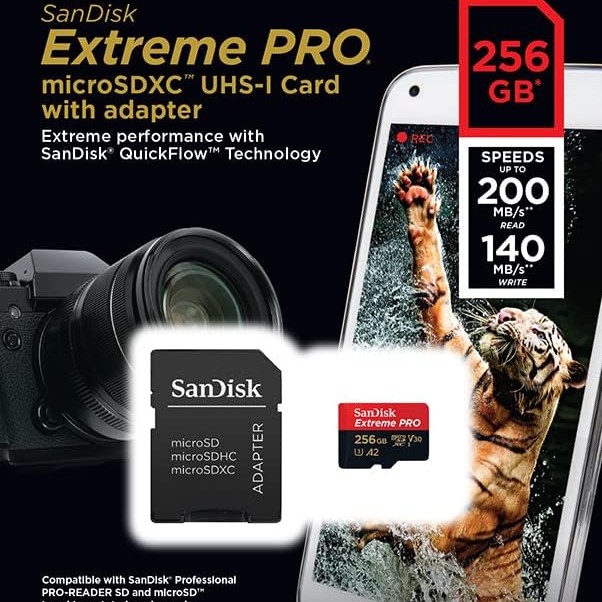 SanDisk 256GB Extreme Pro V30 Micro SD Card (SDXC) UHS-I U3 - 200MB/s